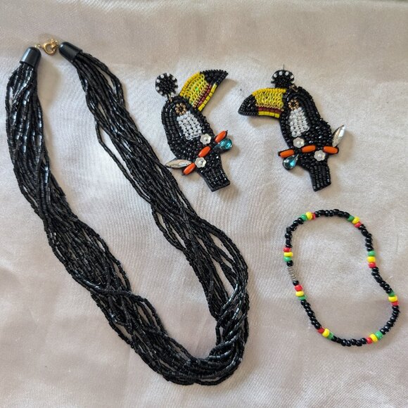 Vintage shiny black necklace/beaded earrings/bracelet - Picture 1 of 8